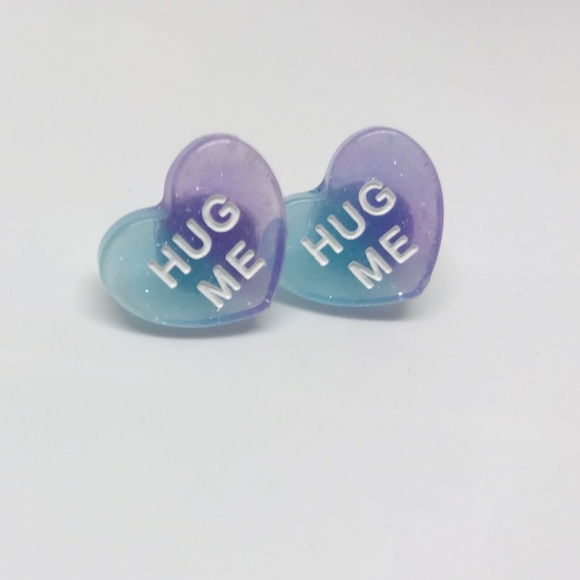 Hug Me Ombré Glitter Conversation Heart Earrings Cute Lover Candy Aesthetics - Picture 2 of 7